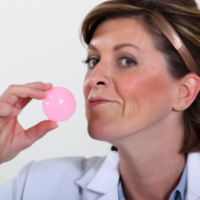 woman in lab coat chewing gum