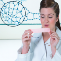 woman in lab coat in front of math equation chewing gum