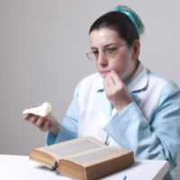 woman in lab coat reading a book and chewing gum