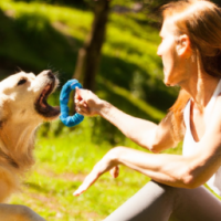 golden retriever playing with a woman