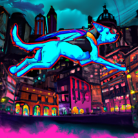 perro con traje de superman volando sobre ciudad gótica
