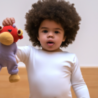 two year old baby with nice afro hair holding a toy
