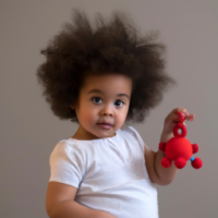 two year old baby with nice afro hair holding a toy