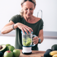 Middle age caucausian woman making smoothie with avocado and other high energy ingredients