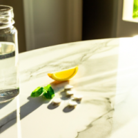 A bottle of a generic supplement (no brand) on a marble counter with morning sunlight, sliced lemon, mint leaves, and a glass of water behind it. High-end product photography