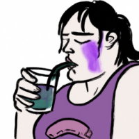 A drawing of a woman drinking a purple liquid that is releasing fat=eating particles into the stomach.
