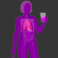  an xray of a standing woman of a woman drinking a purple liquid that is releasing fat=eating particles into the stomach.