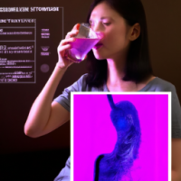  an picture of a standing woman  drinking a purple liquid an xray picture shows it moving into her stomach  that is releasing fat=eating particles into the stomach.