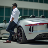 the picture of a man leaning on a jaguar f type