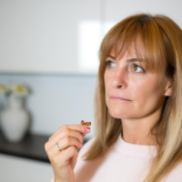 woman in her mid forties looking a medical capsule in her right hand, face at ease, in a white modern kitchen