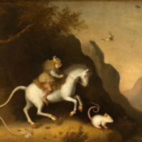 A mouse riding on a horse in a mountainside scene, Painting by Rembrandt