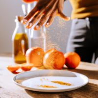 vertical smartphone-style photo of a wooden kitchen counter with simple home remedy ingredients arranged neatly, round white plate in foreground filled with fresh orange slices, a woman’s hand with neat polished nails sprinkling reddish powder over the slices mid-motion, powder particles visible in the air, behind the plate a bottle of apple cider vinegar, a small turmeric spice jar, and a baking soda box, casual kitchen setting, natural indoor lighting, soft shadows, realistic textures, health hack aesthetic, social media wellness post look, slight depth of field blur in background, photorealistic, warm tones --ar 9:16 --v 6 --style raw --quality 2