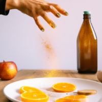 vertical smartphone-style photo of a wooden kitchen counter with simple home remedy ingredients arranged neatly, round white plate in foreground filled with fresh orange slices, a woman’s hand with neat polished nails sprinkling reddish powder over the slices mid-motion, powder particles visible in the air, behind the plate a bottle of apple cider vinegar, a small turmeric spice jar, and a baking soda box, casual kitchen setting, natural indoor lighting, soft shadows, realistic textures, health hack aesthetic, social media wellness post look, slight depth of field blur in background, photorealistic, warm tones --ar 9:16 --v 6 --style raw --quality 2