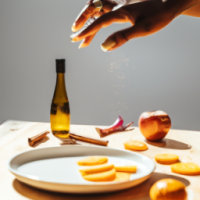 vertical smartphone-style photo of a wooden kitchen counter with simple home remedy ingredients arranged neatly, round white plate in foreground filled with fresh orange slices, a woman’s hand with neat polished nails sprinkling reddish powder over the slices mid-motion, powder particles visible in the air, behind the plate a bottle of apple cider vinegar, a small turmeric spice jar, and a baking soda box, casual kitchen setting, natural indoor lighting, soft shadows, realistic textures, health hack aesthetic, social media wellness post look, slight depth of field blur in background, photorealistic, warm tones --ar 9:16 --v 6 --style raw --quality 2