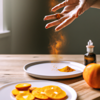 vertical smartphone-style photo of a wooden kitchen counter with simple home remedy ingredients arranged neatly, round white plate in foreground filled with fresh orange slices, a woman’s hand with neat polished nails sprinkling reddish powder over the slices mid-motion, powder particles visible in the air, behind the plate a bottle of apple cider vinegar, a small turmeric spice jar, and a baking soda box, casual kitchen setting, natural indoor lighting, soft shadows, realistic textures, health hack aesthetic, social media wellness post look, slight depth of field blur in background, photorealistic, warm tones --ar 9:16 --v 6 --style raw --quality 2