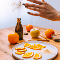 vertical smartphone-style photo of a wooden kitchen counter with simple home remedy ingredients arranged neatly, round white plate in foreground filled with fresh orange slices, a woman’s hand with neat polished nails sprinkling reddish powder over the slices mid-motion, powder particles visible in the air, behind the plate a bottle of apple cider vinegar, a small turmeric spice jar, and a baking soda box, casual kitchen setting, natural indoor lighting, soft shadows, realistic textures, health hack aesthetic, social media wellness post look, slight depth of field blur in background, photorealistic, warm tones --ar 9:16 --v 6 --style raw --quality 2