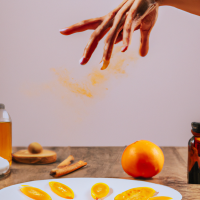 vertical smartphone-style photo of a wooden kitchen counter with simple home remedy ingredients arranged neatly, round white plate in foreground filled with fresh orange slices, a woman’s hand with neat polished nails sprinkling reddish powder over the slices mid-motion, powder particles visible in the air, behind the plate a bottle of apple cider vinegar, a small turmeric spice jar, and a baking soda box, casual kitchen setting, natural indoor lighting, soft shadows, realistic textures, health hack aesthetic, social media wellness post look, slight depth of field blur in background, photorealistic, warm tones --ar 9:16 --v 6 --style raw --quality 2