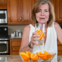 A woman in her early 50's drinking a glass of ice water with orange peels in them. On the kitchen counter has a bowl of oranges on it.