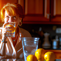 A woman in her early 50's drinking a glass of ice water with orange peels in them. On the kitchen counter has a bowl of oranges on it.