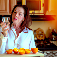 A woman in her early 50's drinking a glass of ice water with orange peels in them. On the kitchen counter has a bowl of oranges on it.
