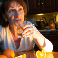 A woman in her early 50's drinking a glass of ice water with orange peels in them. On the kitchen counter has a bowl of oranges on it.