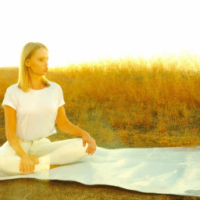 serene photo of yoga woman on mat at sunrise