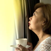 a women in 50's drinking coffee -looking curios Standing in a window with a soft golden light . curtain open to reveal the morning light . want the theme to be the most powerful part of day 