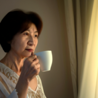 a women in 50's drinking coffee -looking curios Standing in a window with a soft golden light . curtain open to reveal the morning light . want the theme to be the most powerful part of day 