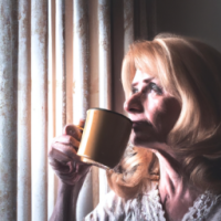 a english women in 50's drinking coffee -looking curios Standing in a window with a soft golden light . curtain open to reveal the morning light . want the theme to be the most powerful part of day 