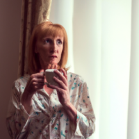 a english women in 50's drinking coffee -looking curious standing in a window with a soft golden light . curtain open to reveal the morning light . . want the theme to be the most powerful part of day 