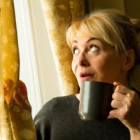 a english women in 50's drinking coffee -looking curious standing in a window with a soft golden light . curtain open to reveal the morning light . . want the theme to be the most powerful part of day 