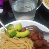 me eating pasta and meatballs and spAGHETTI AND AN ADVACADO AND A GLASS OF WATER ATTACK ME SAYING WE ARE BETTER FOR YOU