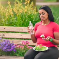 A BEAUTIFUL BLACK WOMAN EATING A SALAD AND DRINKING WATER ON A PARK BENCH SMILING WHILE LOOKING AT BEAUITFUL FLOWERS YOU
