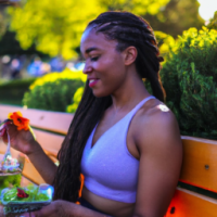 A BEAUTIFUL BLACK WOMAN WITH BRAIDS IN HER HAIR WITH A HEALTHY APPEARANCE EATING A SALAD AND DRINKING WATER ON A PARK BENCH SMILING WHILE LOOKING AT BEAUITFUL FLOWERS YOU