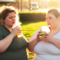 AN OBESE WOMAN AND A FIT WOMAN STANDING NEXT TO EACH OTHER OBESE WOMANIS EATING A CHEESEBURGER AND FIT WOMAN IS DRINKING A GREEN JUICE
