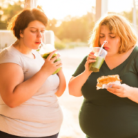 AN OBESE WOMAN AND A FIT WOMAN STANDING NEXT TO EACH OTHER OBESE WOMANIS EATING A CHEESEBURGER AND SLIM WOMAN IS DRINKING A GREEN JUICE