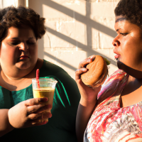 AN OBESE WOMAN AND A F2 BLACK WOMAN STANDING NEXT TO EACH OTHER OBESE WOMAN IS EATING A CHEESEBURGER AND SLIM WOMAN IS DRINKING A GREEN JUICE