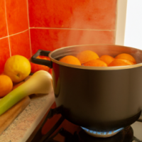 A pot overflowing with boiling oranges in a kitchen with vegetables on the bench