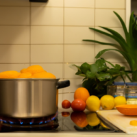 A pot overflowing with boiling oranges in a kitchen with vegetables on the bench