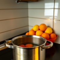 A pot overflowing with boiling oranges in a kitchen with vegetables on the bench