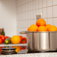 A pot overflowing with boiling oranges in a kitchen with vegetables on the bench
