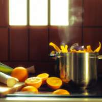 A pot overflowing with boiling orange peels in a kitchen with vegetables on the bench