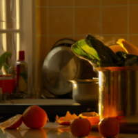 A pot overflowing with boiling orange peels in a kitchen with vegetables on the bench