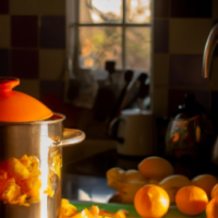 A pot overflowing with boiling orange peels in a kitchen with vegetables on the bench