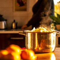 A pot overflowing with boiling orange peels in a kitchen with vegetables on the bench and a woman preparing food in the background