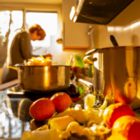 A pot overflowing with boiling orange peels in a kitchen with vegetables on the bench and a woman preparing food in the background