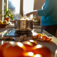 A pot overflowing with boiling orange peels in a kitchen with vegetables on the bench and a woman preparing food in the background