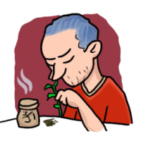 A man taking herbs and healing himself in cartoon form