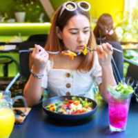 A young woman in a casual restaurant, eating a colorful salad.