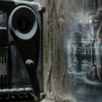 a boombox reflecting surroundings in a cave. painting by h.r. giger. closeup